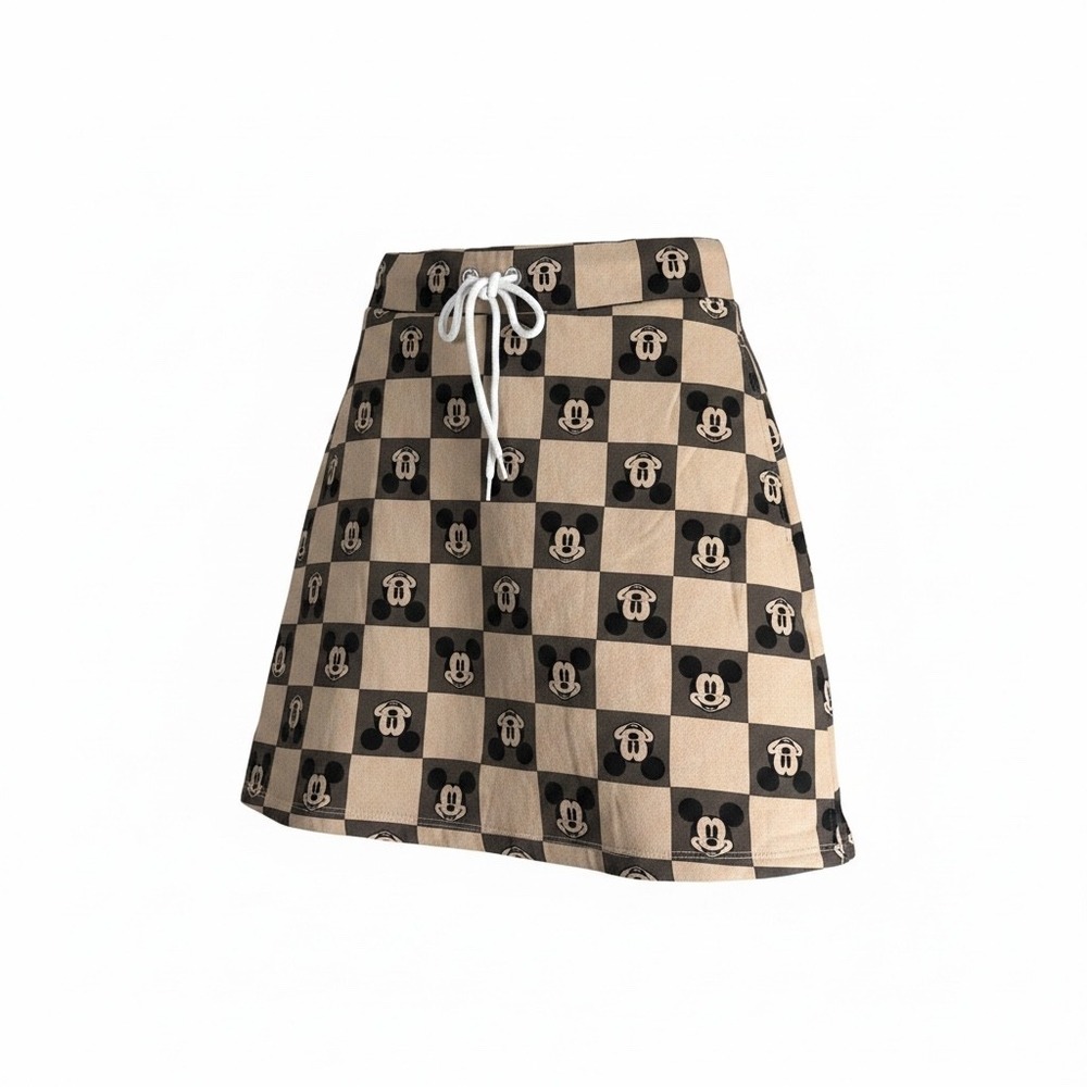 Disney Mickey Mouse Tan Checkered Drawstring Skirt Kids Large